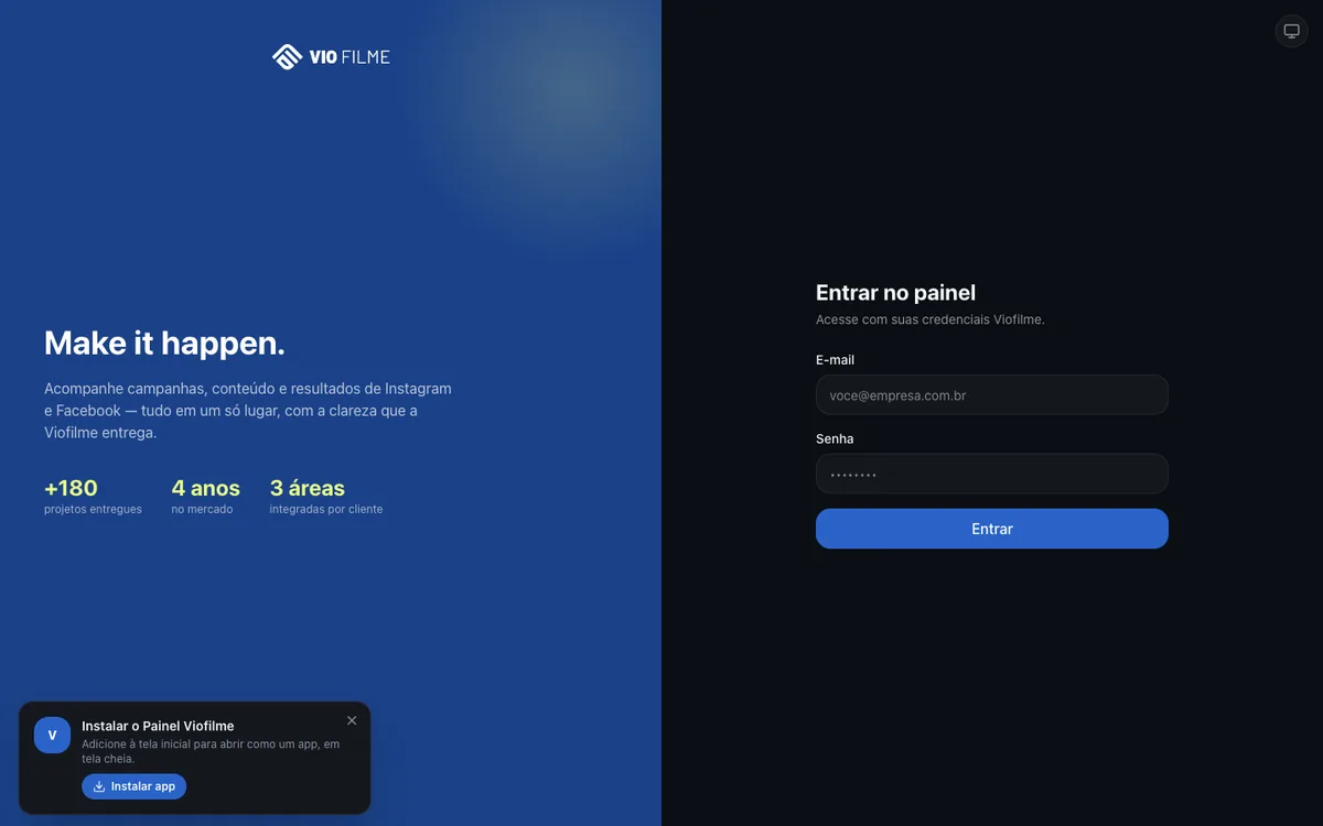 Página inicial do site Viofilme — Sistema no computador